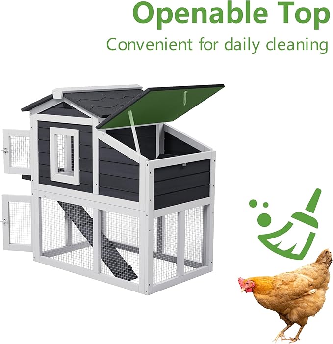 Small Chicken Coop for 2 Chickens,Wooden Chicken Coops with Nesting Boxes Indoor Outdoor,Bunny House Rabbit Hutch Poultry Pet Run Cage with Waterproof Roof,Stairs&Leak-Proo-Tray (Grey)