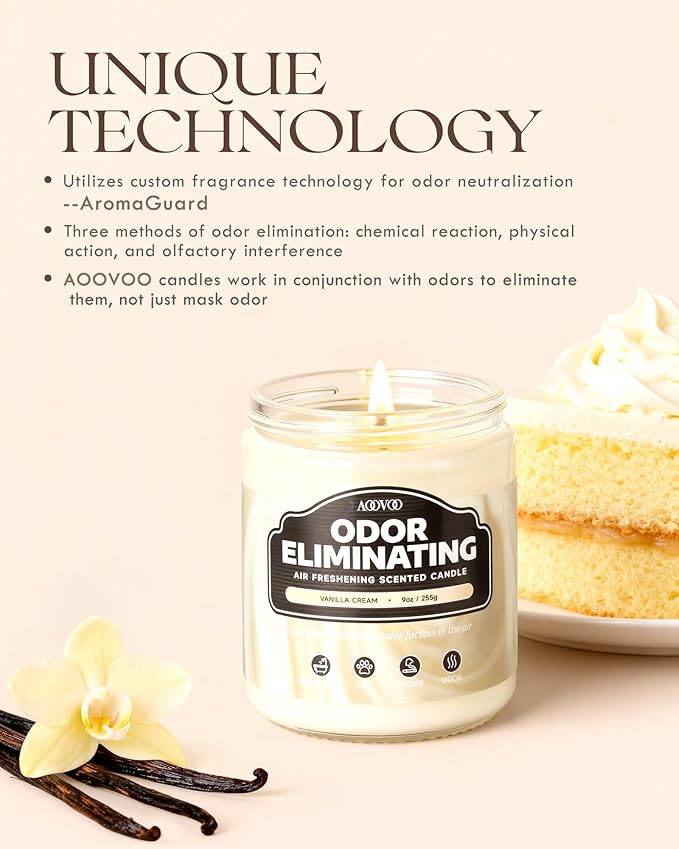 AOOVOO Vanilla Cream Odor Eliminating Highly Fragranced Candle - Eliminates 95% of Pet, Smoke, Food, and Other Smells Quickly, Air Freshing Soy Candle, 9 oz Up to 50 Hours Burn time