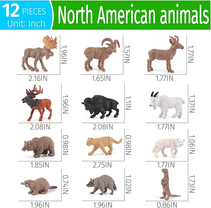 1-2 Inch North American Animals Set Mini Wild Animals Figurines Set Plastic Wolf Figure Moose Figure Toy Gift for Kid Toddlers Raccoon for Cake Topper