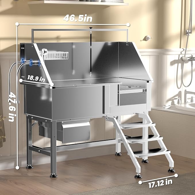 Dog Washing Station for Home,Professional 46" Stainless Steel Dog Bathing Station Height Adjustable Dog Wash Station Dog Grooming Tub Stair, Drawer, Floor Grate & Fauct (Right Stair)