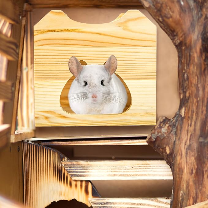 Yesland Wood Chinchilla House, Natural Small Animal Hideout Hut for Chinchilla, Squirrel, Sugar Gliders in Cage -Ventilated Wooden Hamster Habitat with Multiple Doors - 8.5 X 6 X 8 Inches