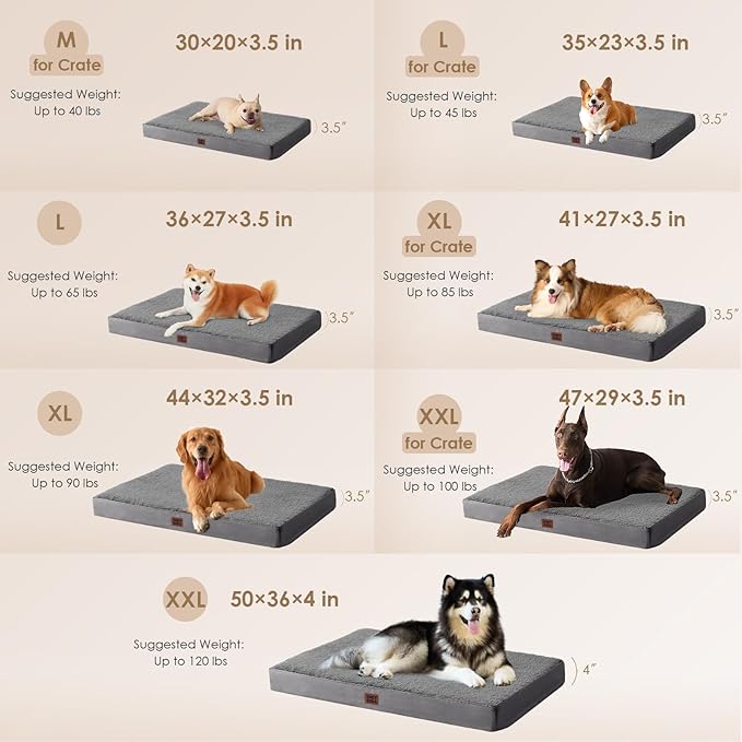 EHEYCIGA Orthopedic Dog Beds for Large Dogs with Removable Washable Cover for Crate, Grey, 35x23