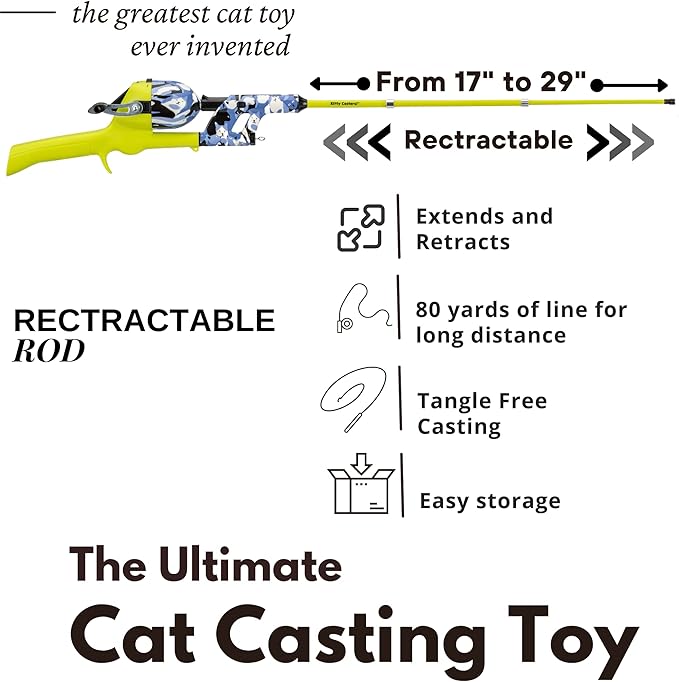Cat Caster Fishing Pole Toy | Tangle Free & Easy to Store. Includes One Soft Toy and 2 Plastic Fish | The Ultimate Gift for Kitty Lovers, Cat Camo