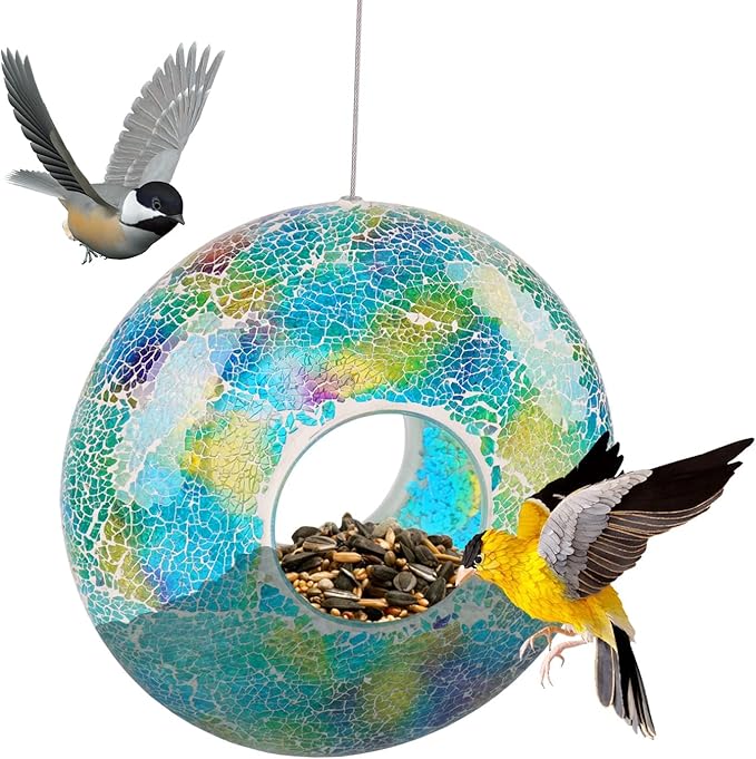 Topadorn Outdoor Bird Feeder - Decorative Mosaic Circle Fly Through Design for Birds