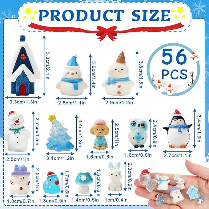 56 Pcs Winter Mini Resin Animals, Winter Miniature Blue Figures Tiny Resin Snowman Penguin Snowflake Duck Elk Christmastree for DIY Winter Snow Globes Crafts Fairy Garden Home Decor