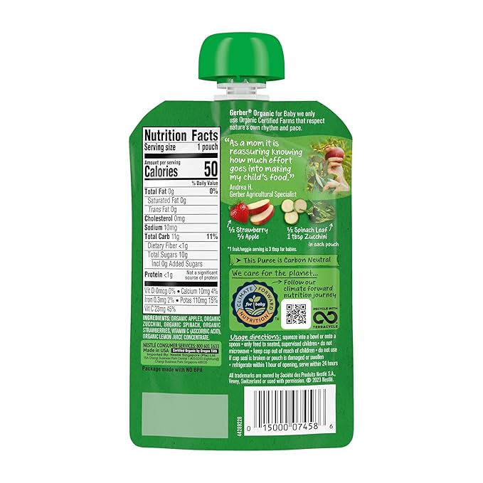 Gerber Organic Baby Food Pouches, 2nd Foods for Sitter, Apple Zucchini Spinach Strawberry, 3.5 Ounce (Pack of 12)