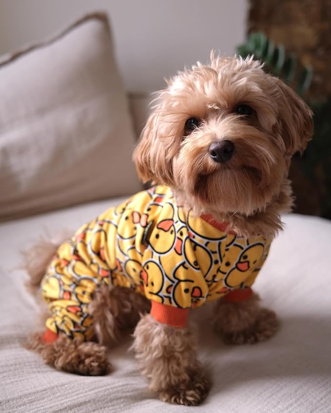 Fitwarm Funny Duck Dog Pajamas, Dog Winter Clothes for Small Dogs Girl, Lightweight Velvet Pet Jumpsuit, Cat Onesie, Yellow, Large