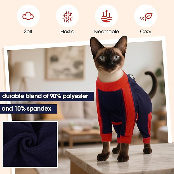 DENTRUN Cat Clothes with Anti-Shedding Fabric - Soft Recovery Suit & Breathable Lint-Resistant Cat Sweater for Wound Care & Hair Control, Kitten Onesie Pajamas, XS, Dark Blue