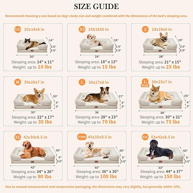 Comfort Expression Large Dog Beds Waterproof Orthopedic Foam Dog Sofa Beds Comfy Pet Bed with Washable Removable Cover & Non-Slip Bottom(Large,Beige)