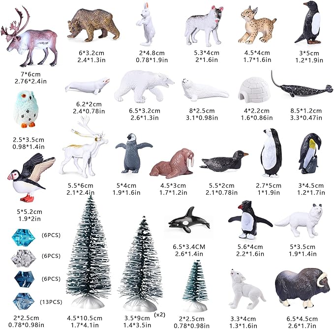 SIENON 60Pcs Arctic Animal Toy Set Includes 23Pcs Mini Polar Animals with Polar Bear, Penguin, Caribou, Puffin, Lynx, 1pc Igloo, 4Pcs Pine Trees, 32Pcs Fake Ice Rocks for School Project Cake Toppers
