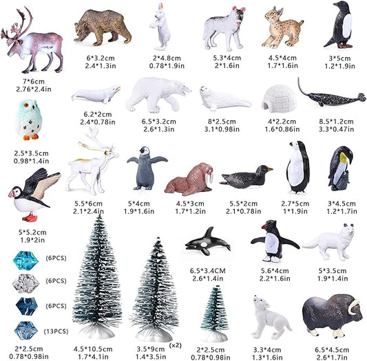 SIENON 60Pcs Arctic Animal Toy Set Includes 23Pcs Mini Polar Animals with Polar Bear, Penguin, Caribou, Puffin, Lynx, 1pc Igloo, 4Pcs Pine Trees, 32Pcs Fake Ice Rocks for School Project Cake Toppers