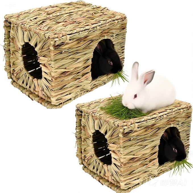 Grass House for Rabbits,Sangle Sopffy,Hand Woven Bunny Grass House,Natural Grass Hideaway for Bunny Guinea Pig Chinchilla Ferret Hamster Squirrel with Rabbit Chew Toys (2 Pack, 10.2*11.4*14.5 inch)