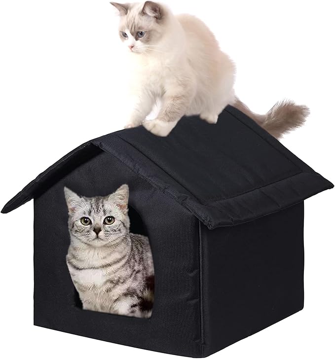 Cat Houses for Outdoor Cats, Weatherproof Outdoor House for Feral Cats, Warm Stable Stray Cats Shelter in Winter Black Medium