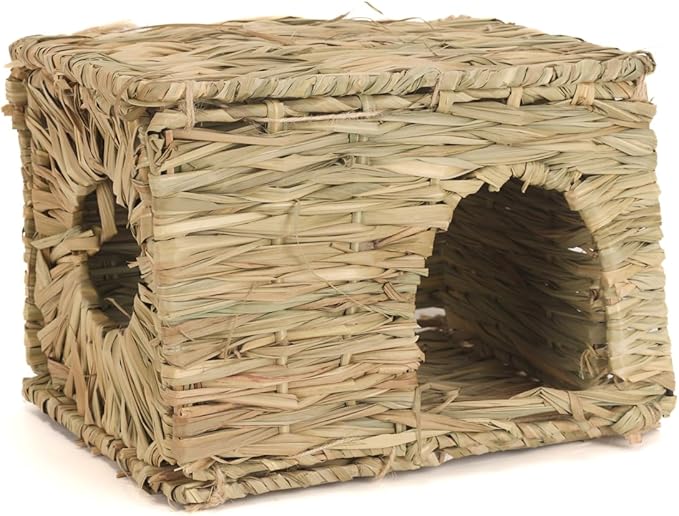 Bunny Grass House, Hand Woven Natural Grass Hideouts for Rabbit, Foldable Hut Play House for Hamster, Guinea Pig, Hamster, Chinchilla and Small Animals to Play with Bunny Chew Toys