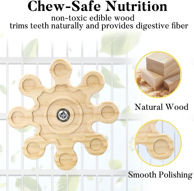 Rotating Natural Wood Chinchilla Chew Toys for Teeth, Interactive Enrichment Toys, Hanging Exercise Chinchilla Toys for Cage for Playtime, Spinner Cage Accessories Wheel (1pc Snow)