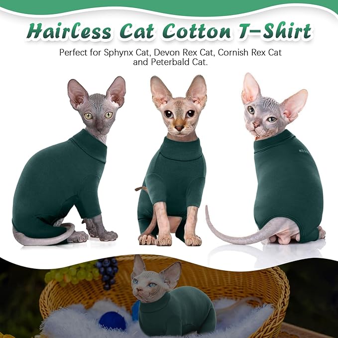ROZKITCH Hairless Cat Clothes, Breathable Soft Cat Jumpers for Cats Only, Cat Coat with Four Legs, Warm Cat Sweater Cat T-Shirt Cat Pajamas Jumpsuit Vest Cornish Rex Devon Rex Peterbald DarkGreen L