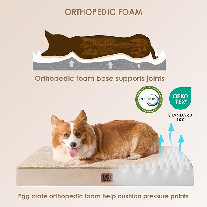 EHEYCIGA Orthopedic Dog Beds for Large Dogs with Removable Washable Cover for Crate, Khaki, 35x23