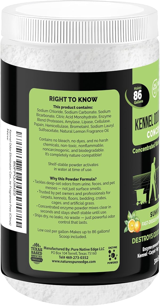 Nature's Pure Edge Enzyme Powder Concentrate Makes 86 Gallons - Professional KOE for Kennel and Pet Odor Elimination - Removes Urine Poop from Carpets Floors - Sunny Citrus