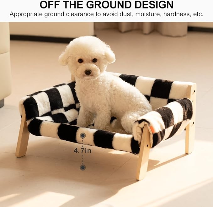 MEWOOFUN Cat Couch Bed, Pet Sofa for Indoor Cats Wooden Indoor Elevated Cat Beds with Removable Mattress Cover Suitable for Kitty, Puppy or Small Animal (Chessboard, Medium)