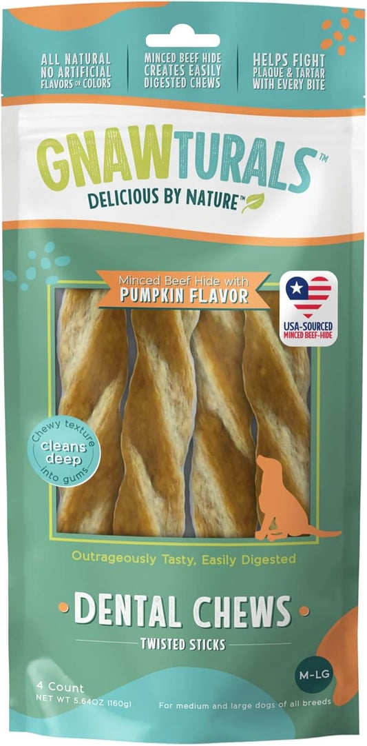 Dental Chews Twisted Sticks | for Large and Extra Large Dogs | USA Sourced Beef-Hide | Natural Scrubbing Action Fights Plaque and Tartar Refreshing Your Dog's Breath (4 Sticks, Pumpkin)