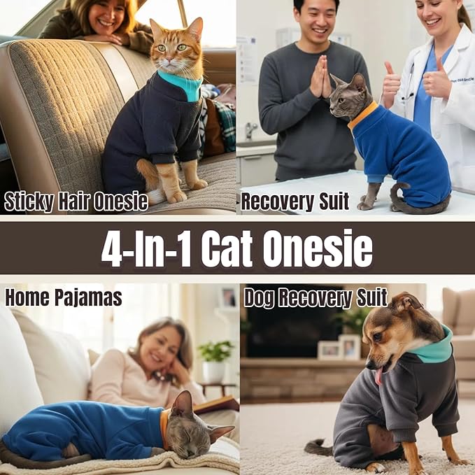 T'CHAQUE Sticky Hair Cat Onesie - Soft Long Sleeve Cat Pajamas, Anti-Shedding,Surgery Recovery Suit, Wound Protection & Preventing Licking, Kitten Sweaters for Male Female, Blue-M
