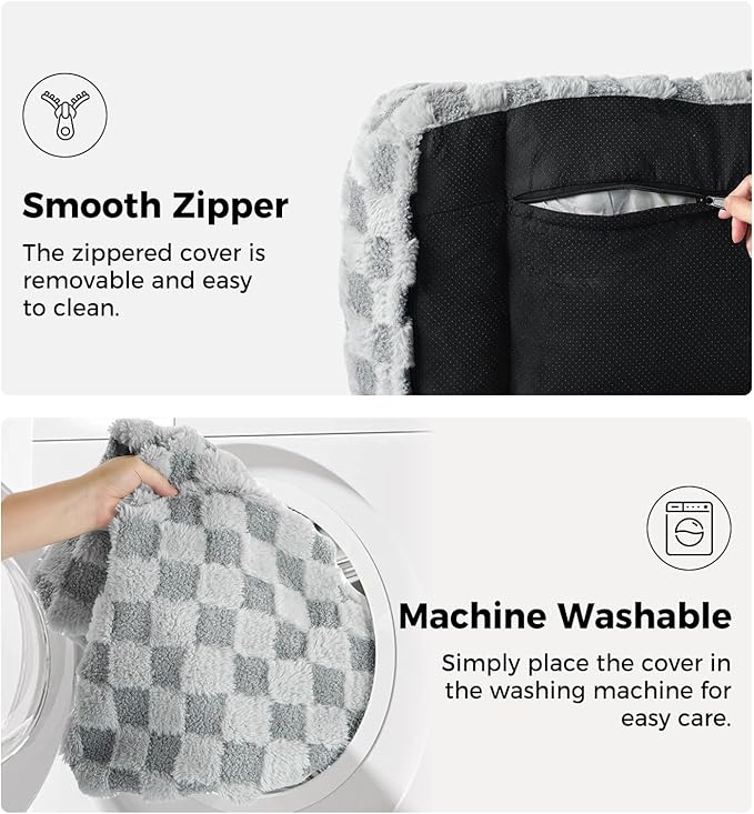 MADE 4 PETS Dog Couch Bed, Soft Faux Fur Checkered Indoor Pet Sofa, Comfortable Fluffy Dog Sofa with Supportive Foam, Removable Washable Cover with Non-Slip Base, Gray, Large