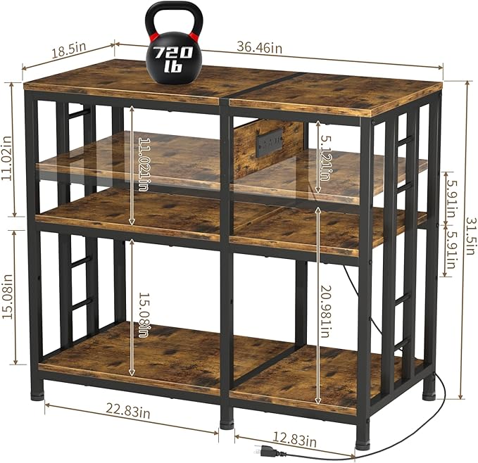 Reinforced 40-50 Gallon Aquarium Stand with Power Outlet | Ultra-Stable 750LBS Capacity Metal Fish Tank Stand for Reptile/Aquatic Setups, 5-Tier Adjustable 37"x19" Steel Shelving System