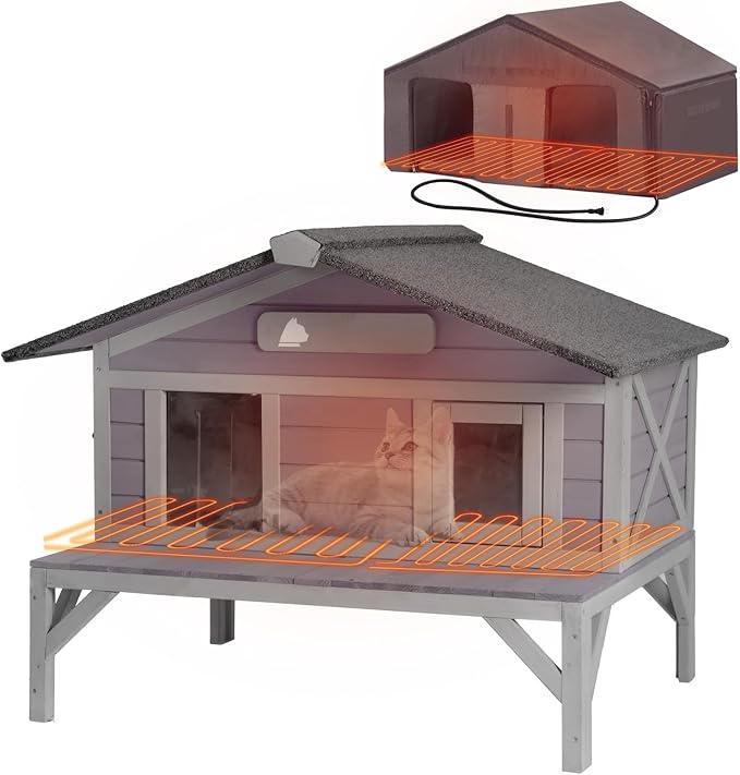 GUTINNEEN Heated Cat House for Outside Weatherproof Feral Kitty Shelter for Winter with Heater and Insulated Liner