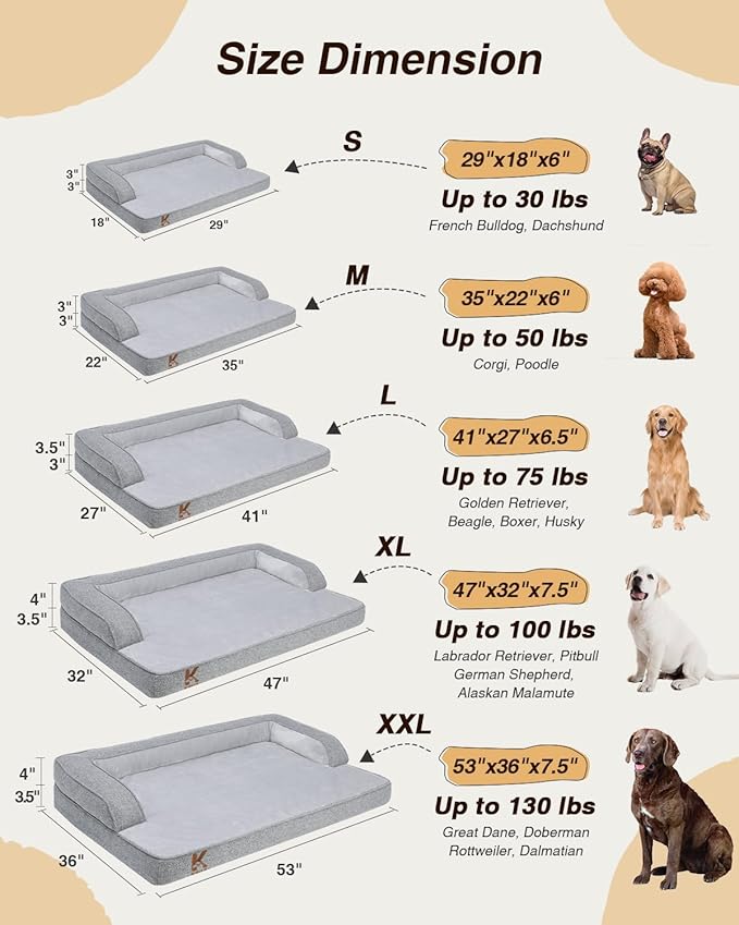 KSIIA Washable Dog Bed for Small Dogs U-Shaped Bolster Pet Couch with Removable Waterproof Cover, Non-Slip Bottom and Egg-Crate Orthopedic Foam Pet Bed, 29 x 18 Inch, Gray