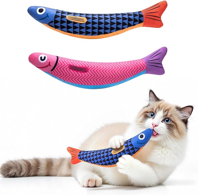 Interactive Cat Toys with [5000mg A+ Organic Catnip] [Baby Grade] Soft Chew Kicker Cat Toys for Indoor Cats & Kittens,Crinkle &Rattle Fish Sound Toy,Drives Bored Cats Crazy with Fun,2 Pack