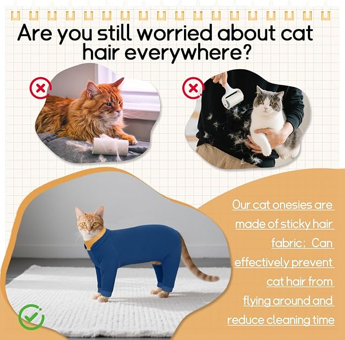 T'CHAQUE Sticky Hair Cat Onesie - Soft Long Sleeve Cat Pajamas, Anti-Shedding,Surgery Recovery Suit, Wound Protection & Preventing Licking, Kitten Sweaters for Male Female, Blue-XL