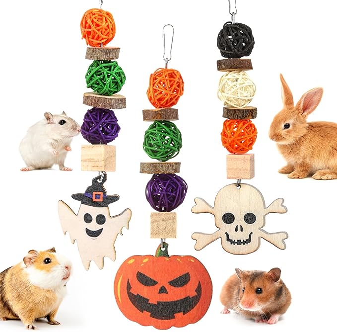 Bunny Chew Toys, Natural Guinea Pig Toys,3pcs Perfect Chews Hanging Wood Chew Toy for Pet Rabbits Guinea Pigs Chinchillas Hamsters Rats and Other Small Animals Teeth Grinding Halloween Themed