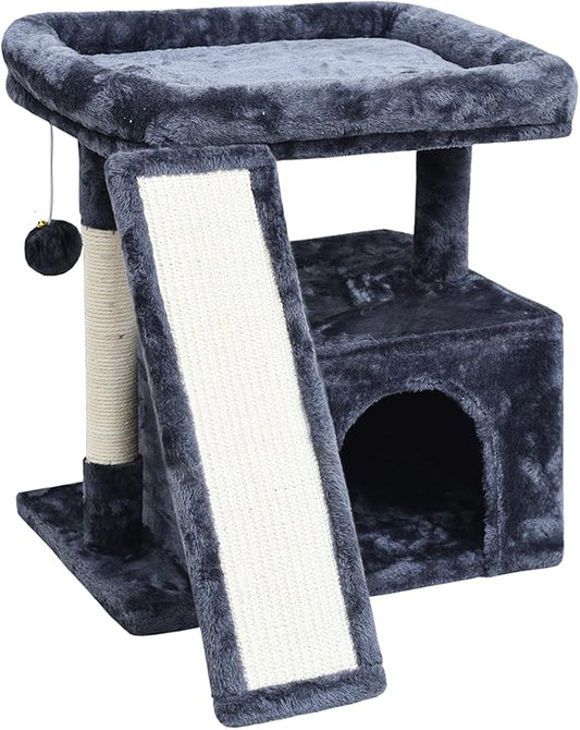 Small Cat Tree Tower for Indoor Use – Stable Condo with Scratching Post, Perch, Board, and Hideout for Kittens(Smoky Grey)
