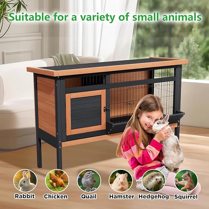 Rabbit Hutch Outdoor,Rabbit Hideout,Bunny Hideout,Bunny House for Guinea Pigs & Hamster,Wooden Chicken House with Deep Pull-Out Tray, Waterproof Chicken Coop for Outside (Orange Black)