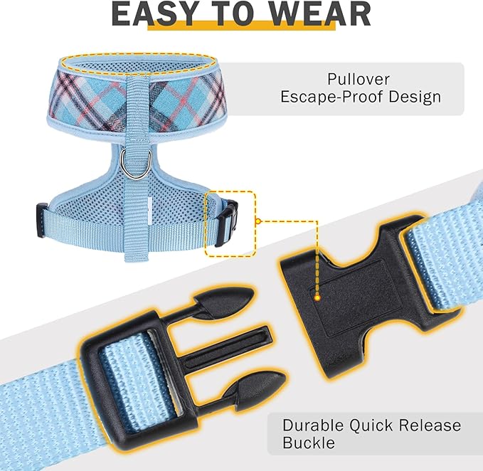 SCENEREAL Puppy Dog Harness with Leash Set for Small Medium Sized Dogs, Soft Mesh Step in Pet Harnesses and Leash, No Chock Plaid Adjustible No Pull Vest for Dogs Cats, Chihuahua,Bulldog (Blue M)