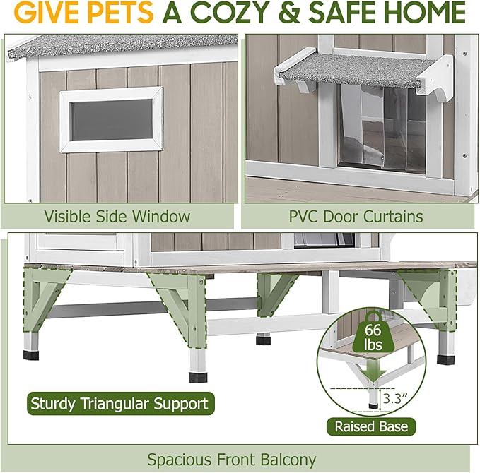 Outdoor Cat House Weatherproof with Balcony Outside Wooden Feral Cat Shelter with 3 Jumping Platforms and Openable Asphalt Roof for Cats and Small Animals