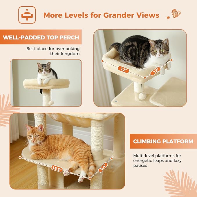64.5-inch Tall Cat Tree for Indoor Cats, Plush Multi-Level Cat Tower with 7 Scratching Posts, 2 Top Perches, 2 Cozy Condos, Large Metal Frame Hammock & Pompoms, Sturdy Cat Playhouse,Beige