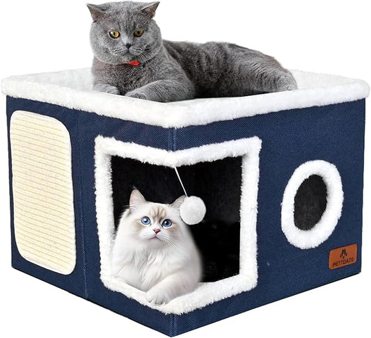 Cat Beds for Indoor Cats - Foldable Cat Hideaway with Hanging Fluffy Ball and Scratch Pad, Large Cat Bed Cave with Reversible Cushion for Multi Small Pet Kitten, Blue