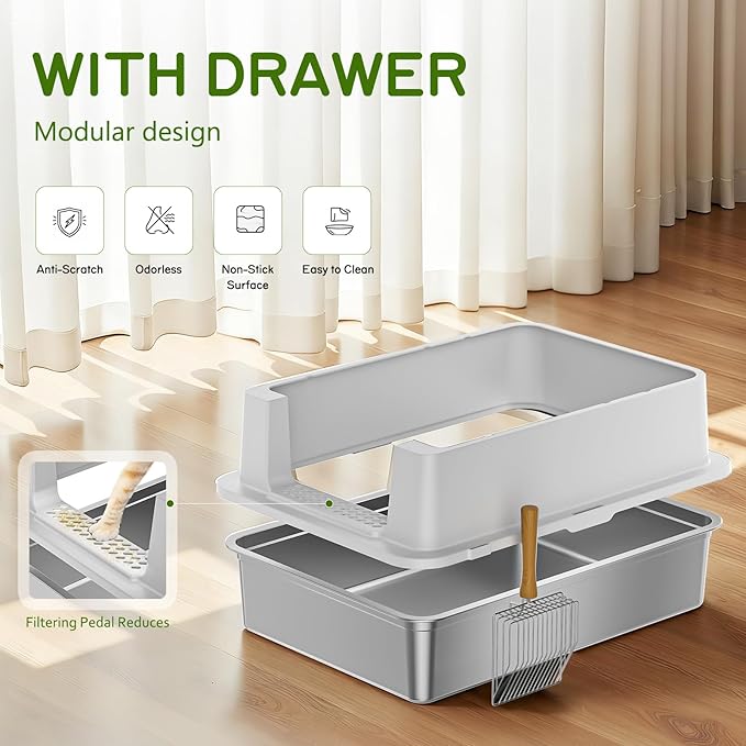 Stainless Steel Litter Box - 28" Extra Large XXXL Cat Litter Box with High Sides, Non-Sticky & Anti-Leakage for Big Cats/Multiple Cats, Includes Heavy Duty Metal Scoop, Grey