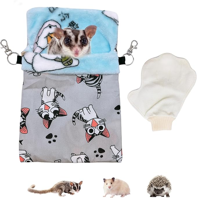 Sugar Gliders Sleeping Pouch Bag Hamster Cotton Hanging Flannel Warm Bed Hideout with Hooks Glove Small Pet Nest Bed for Rat Squirrel Hedgehog,Silver