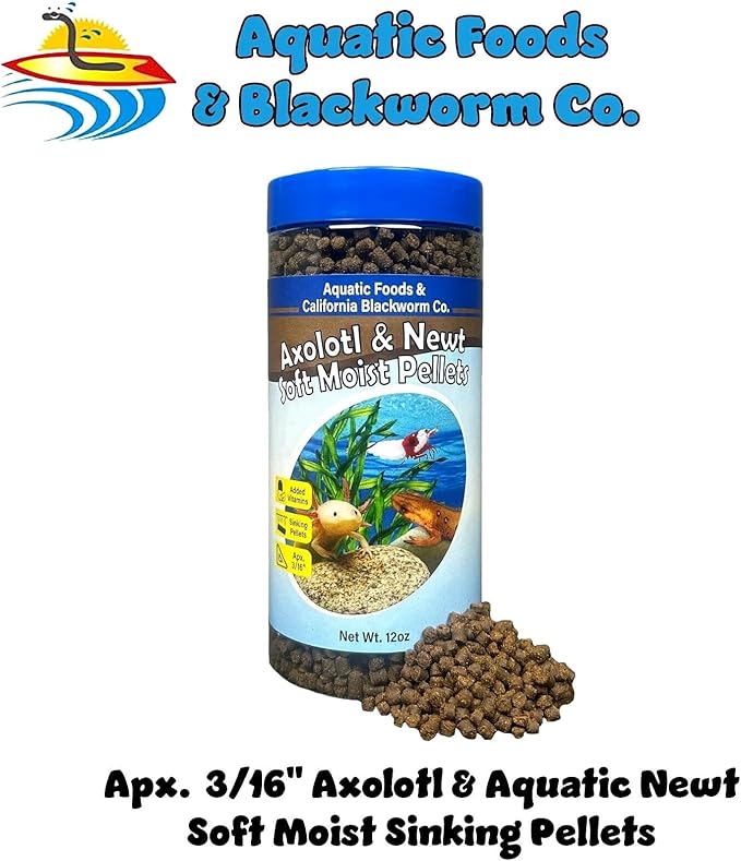 Aquatic Foods Inc. Axolotl Pellet Food 3/16" Soft Moist Sinking Pellets for Juvenile Axolotl Also Shrimp, Snails, Crayfish, Bottom Tropical Fish, Blackworm Pellets Included 12oz Canister