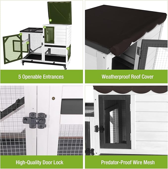 Gutinneen 2-Story Rabbit Hutch Bunny cage with Chew-Proof Ramp, Locking Leak-Proof Trays - Indoor/Outdoor 39.3" Wooden Rabbit Cage with Wheels for Rabbits, Guinea Pigs, Small Animal (Black and White)
