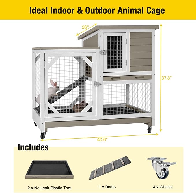 Rabbit Hutch Cage Outdoor and Indoor Bunny Hutch on Wheels with Two Deeper No Leak Trays, Guinea Pig Cages Rabbit House (Matcha Color)