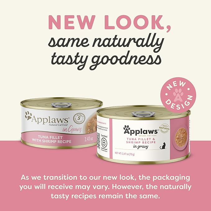 Applaws Natural Wet Cat Food, Made with Limited and Natural Ingredients, High Protein with No Artificial Additives or Fillers, Tuna Fillet & Shrimp in Gravy (24 x 2.47 oz Cans)