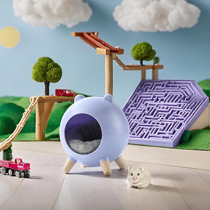 TUTU&LELE Hamster Hideout, Tiny House Hideout and Habitat, Space Elf Hiding Nest, Durable Hamster Bed with Round Thick Plush Pads, for Mice, Gerbils,Hamsters to Play, Sleep and Rest (Purple)