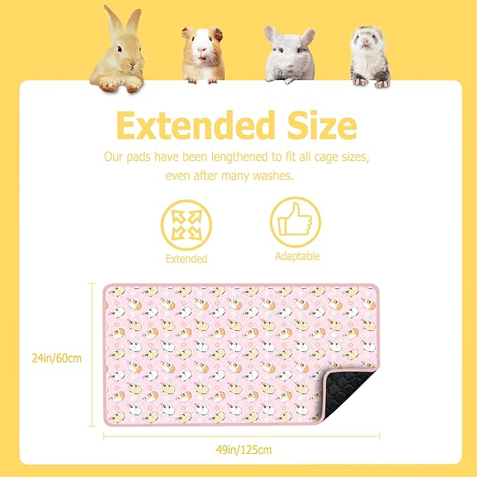 Guinea Pig Bedding, 49x24 2Pack Guinea Pig Fleece Cage Liner, Washable Waterproof Reusable & Anti Slip, Absorbent Guinea Pig Pee Pad for Small Animal, Rabbit, Bunny, Chinchilla, Pink