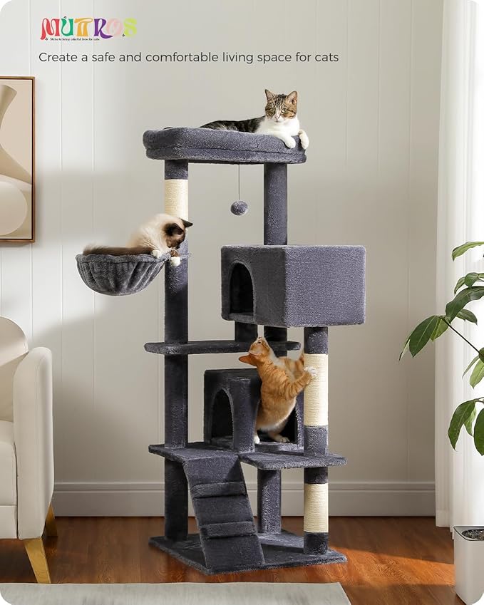 Cat Tree for Large Cats Adult with Super Large Top Perch, 56.3" Cat Tower for Large Cats with Plush Hammock, Cat Shelves and Dangling Pompom, Cat Scratching Posts and 2 Condos House, Dark Gray