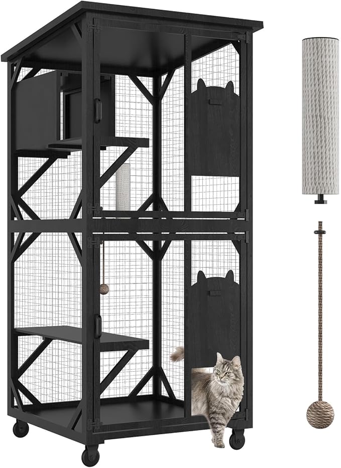 ROOMTEC Catio Outdoor Enclosure With Roof - 71" Height Wooden House, Large Cage With 3 Jumping Platforms and 1 Napping House for Cat Activity (Black)