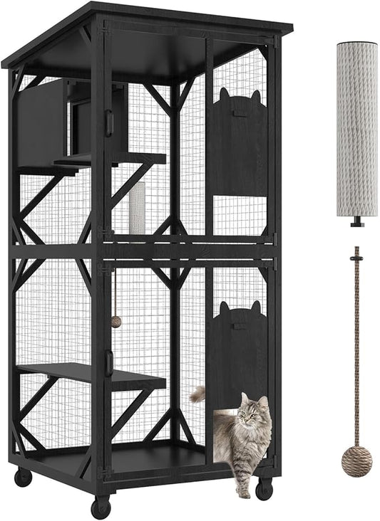 ROOMTEC Catio Outdoor Enclosure With Roof - 71" Height Wooden House, Large Cage With 3 Jumping Platforms and 1 Napping House for Cat Activity (Black)