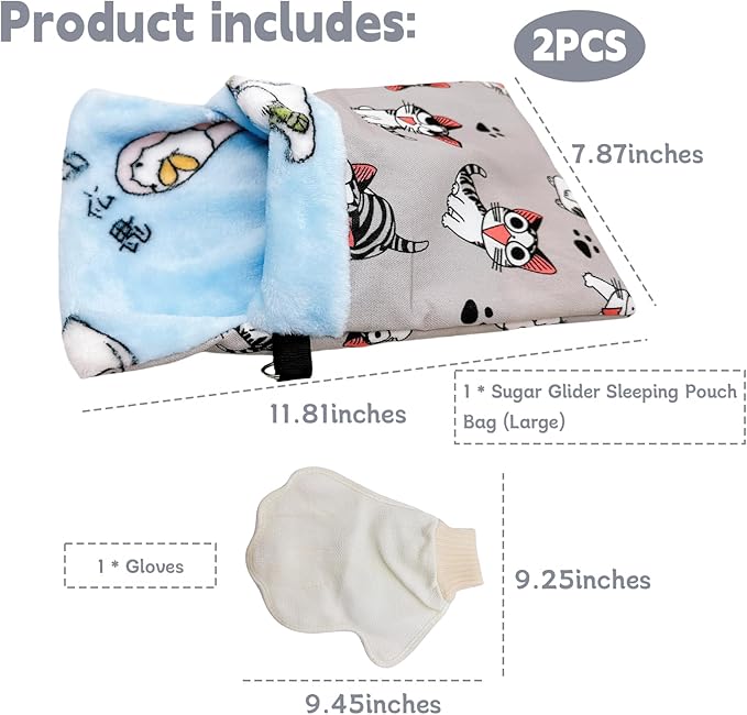 Sugar Gliders Sleeping Pouch Bag Hamster Cotton Hanging Flannel Warm Bed Hideout with Hooks Glove Small Pet Nest Bed for Rat Squirrel Hedgehog,Silver